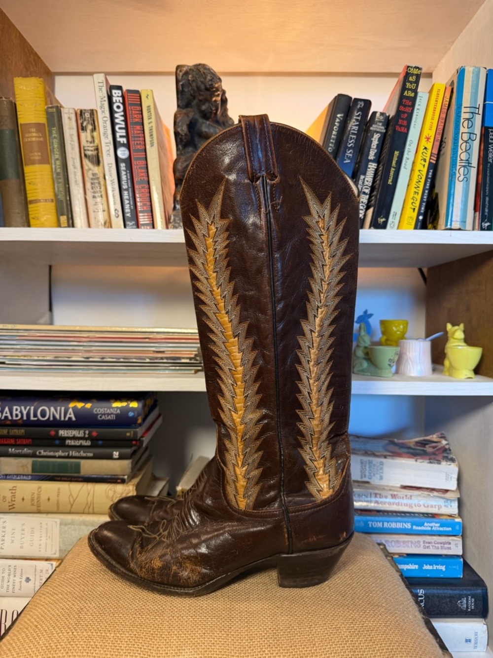 Larry mahan Vintage Brown Leather Western Boots with snakeskin inlay
